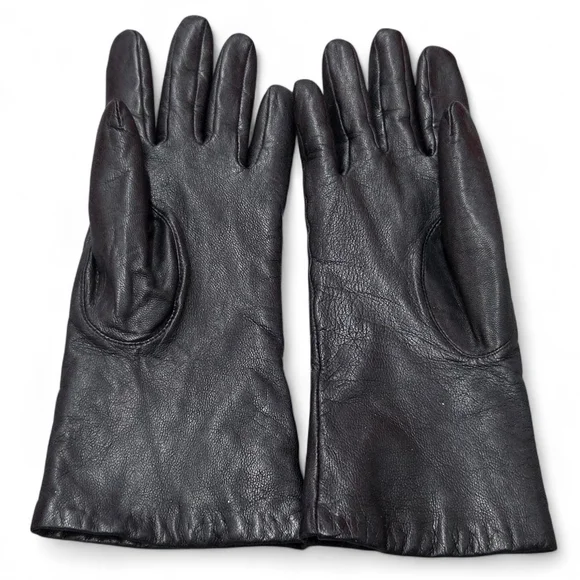 Vtg Isotoner Ladies Black Leather and Brown Cashmere Knit Gloves Size 7 Sm/Med** - Picture 2 of 6